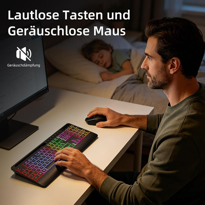 Hamile Tastatur Maus Set kabellos Beleuchtete mit Telefonhalter, 2,4 GHz USB-A/C wiederaufladbar Tas