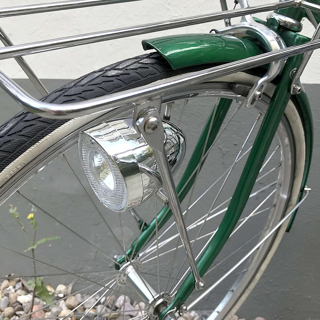 Retro LED Scheinwerfer Fahrrad Licht vorne Frontlicht mit Chrom Look und Batteriebetrieb