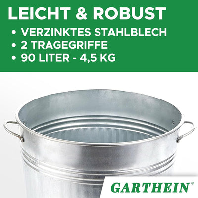 GARTHEIN - 90 Liter Grosse Feuertonne für den Gartenabfall mit Deckel in Silber, Metallfass verzinkt