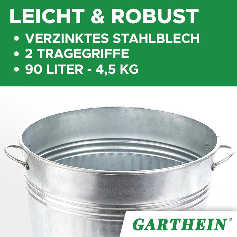 GARTHEIN - 90 Liter Grosse Feuertonne für den Gartenabfall mit Deckel in Silber, Metallfass verzinkt