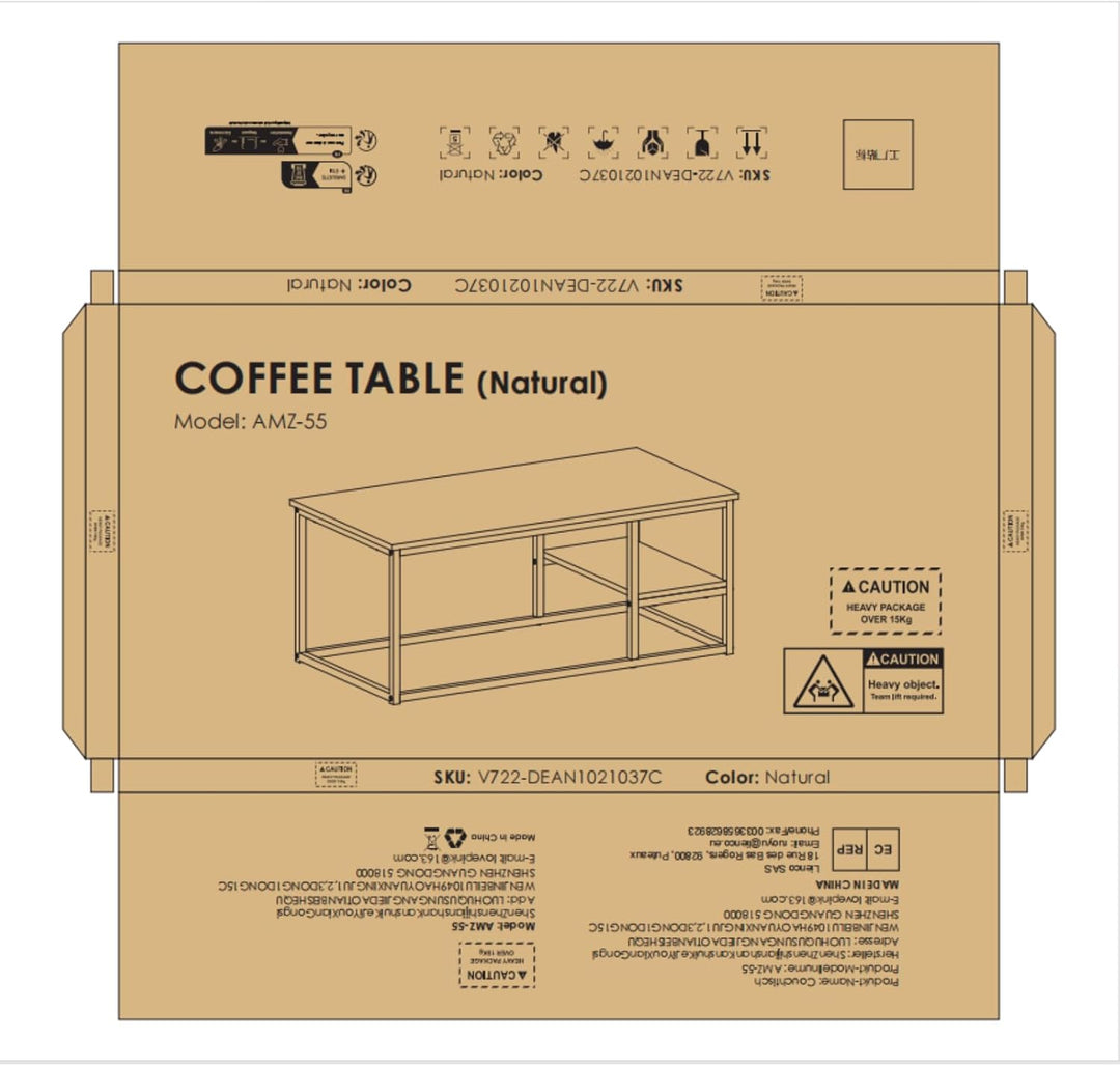 VOWNER Couchtisch, Wohnzimmertisch, Couchtisch mit Stahlgestell und Ablagen, Industrie-Design, Skand