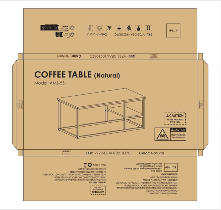 VOWNER Couchtisch, Wohnzimmertisch, Couchtisch mit Stahlgestell und Ablagen, Industrie-Design, Skand