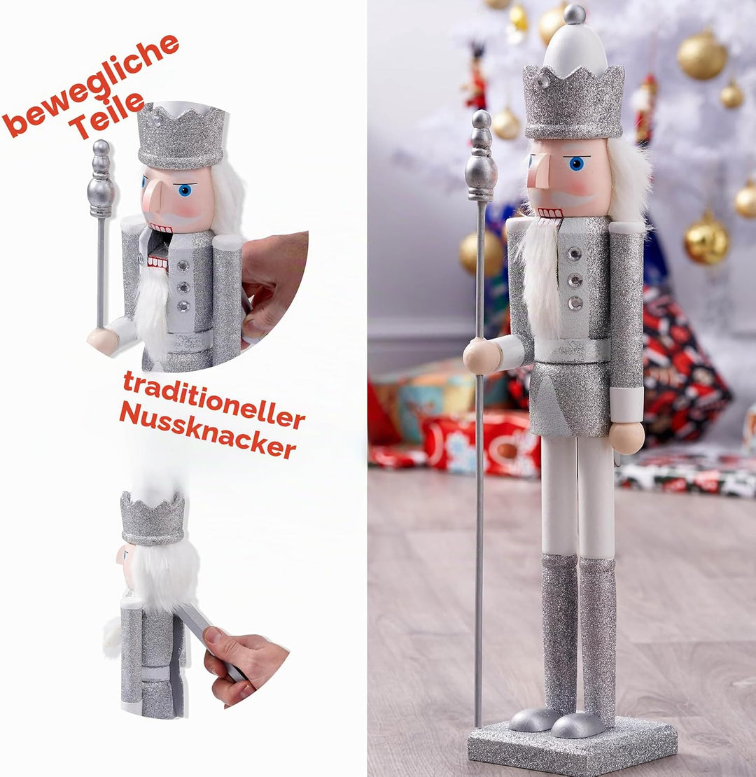 THE TWIDDLERS Grosse Holz Weihnachten Nussknacker Figuren (Weiss & Silber), XL 50cm - Traditionelle