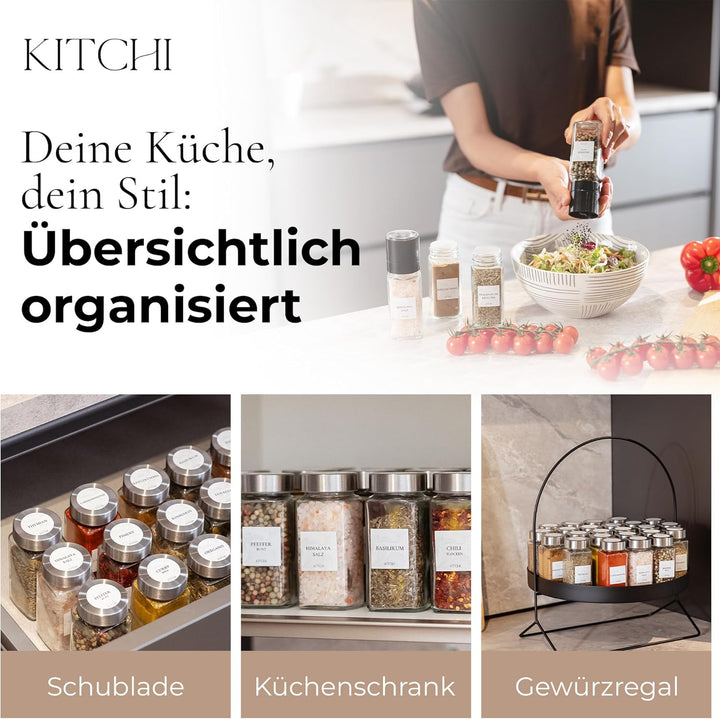 KITCHI Gewürzgläser 24er Set mit 2 Mühlen – Edelstahl Deckel – Eckige Form – 120 ml - luftdicht Silb