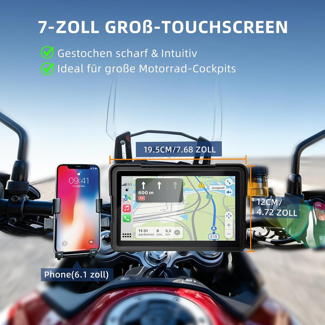 7 Zoll Motorrad Display mit Wireless CarPlay &amp; Android Auto, 1000 Nits Helles Motorrad Navi Touchscr