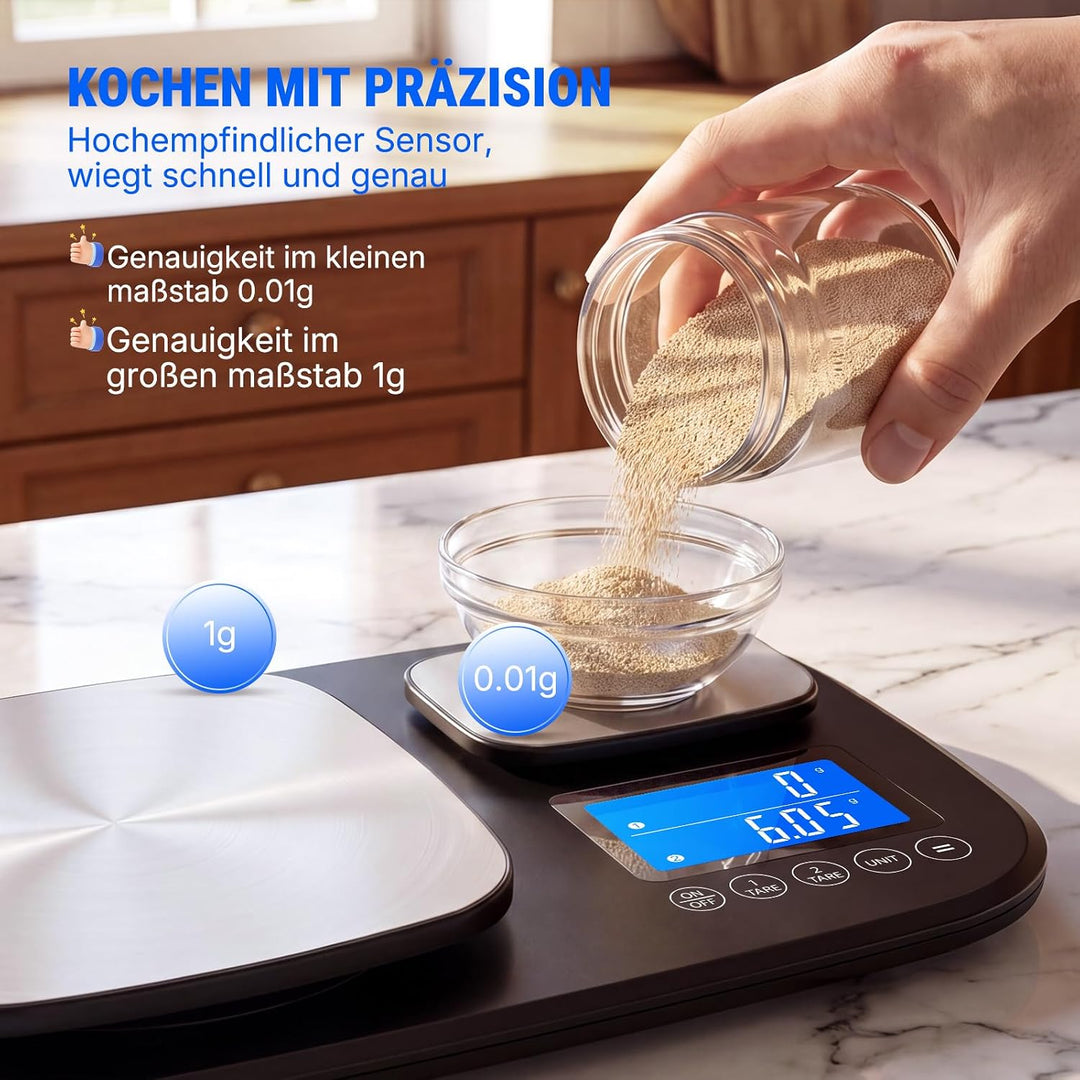 Küchenwaage Digital 15 kg mit Feinwaage 500 g/0,01 g, 2 Flächen zum Backen | Tara-und Addierfunktion