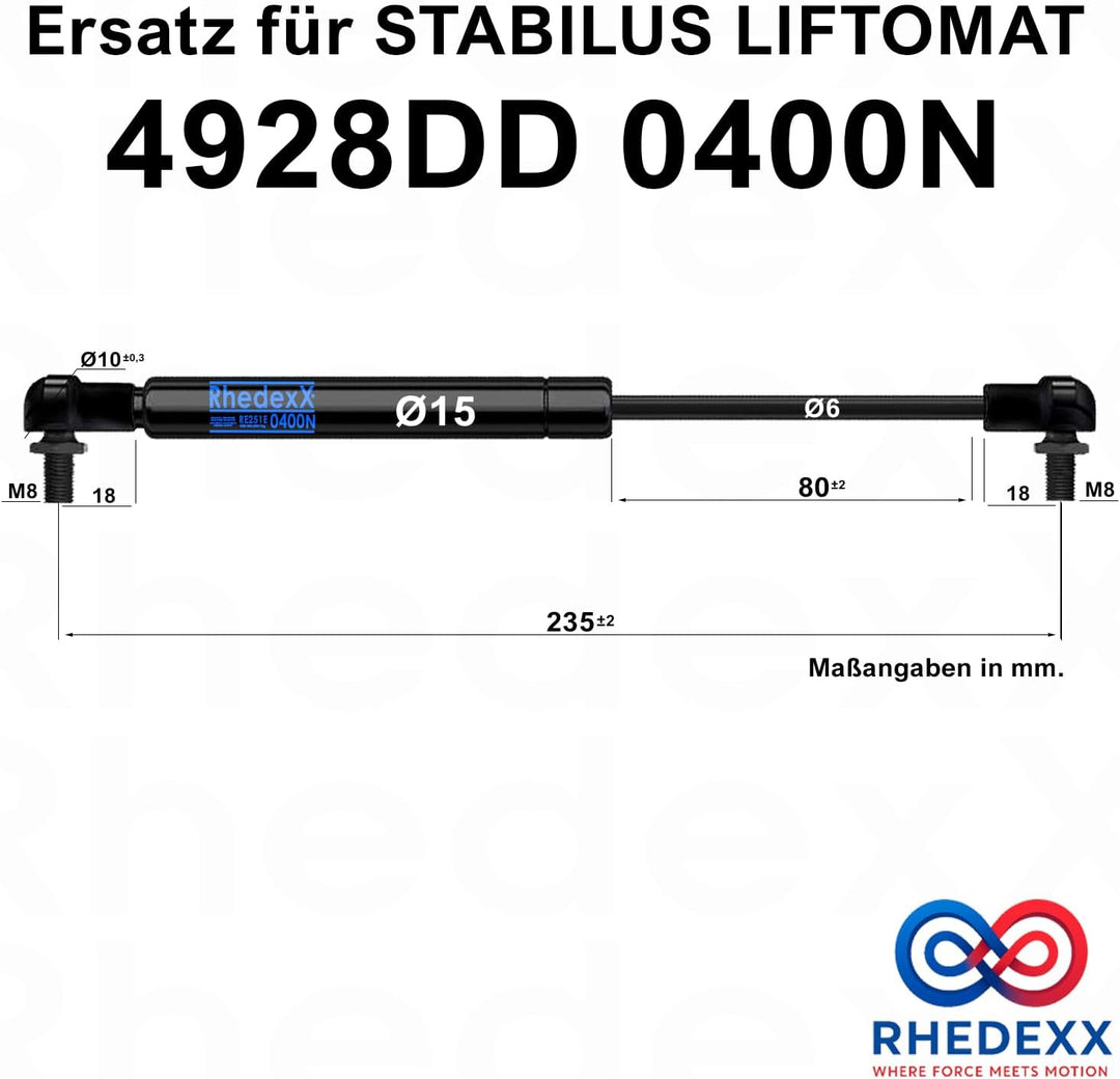 Gasdruckfeder Ersatz für Stabilus Lift-O-Mat 4928DD 0400N RhedexX® Kugelgelenk Gasdruckdämpfer mit M