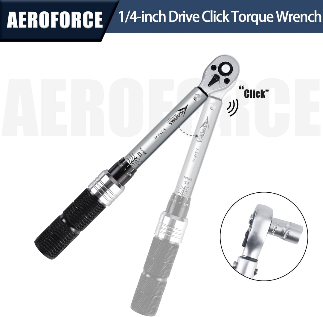AEROFORCE Drehmomentschlüssel-Set 1/4-Zoll 19tlg (5,0-25,0 Nm) mit Dual-Richtungsumkehr, einstellbar