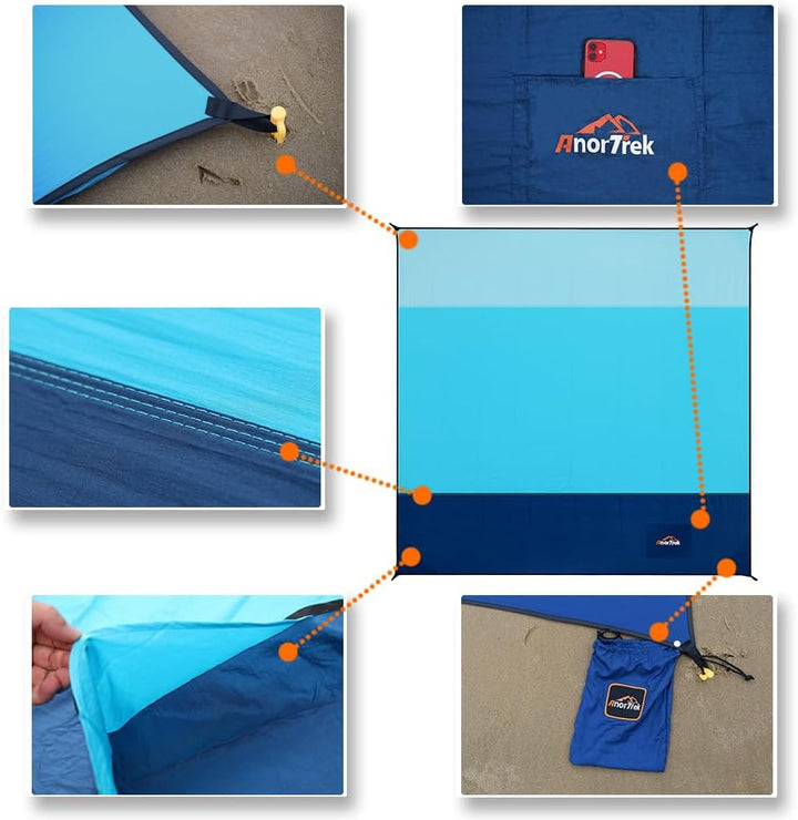 AnorTrek Sandfreie Stranddecke XL 200x200cm - Ultraleicht, Schnelltrocknend & Spritzwassergeschützt,