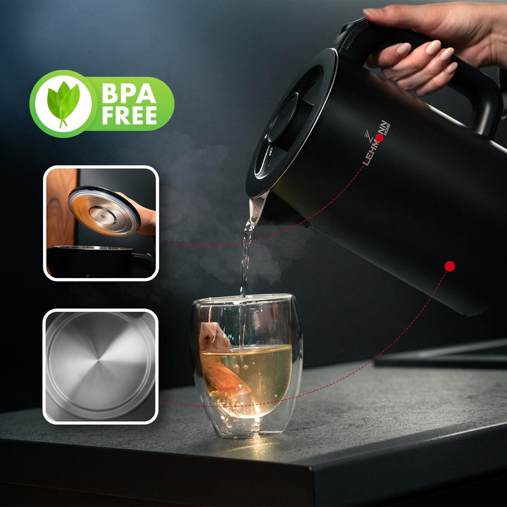 LEHMANN Elektrischer Wasserkocher Edelstahl 1,7L, 2200W, Schnelles Aufheizen, Doppelwand Design, Abs