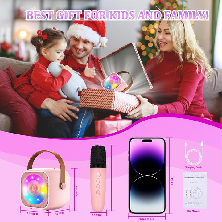 Karaoke Maschine mit 1 Drahtlosen Mikrofonen, Mikrofon Kinder Tragbare, Bluetooth Karaoke Pink-1Pack