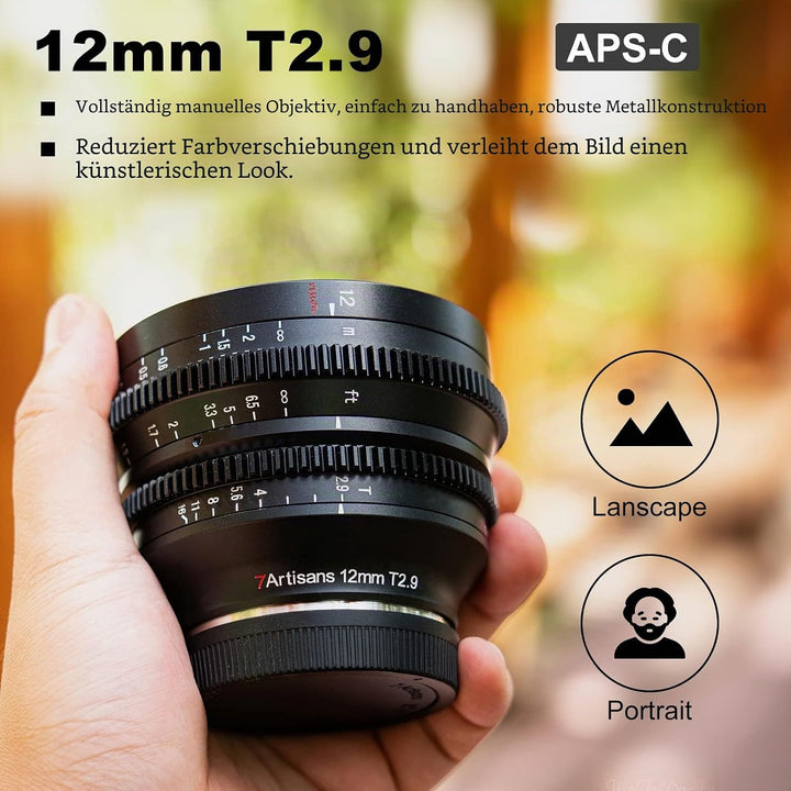7artisans APS-C Ultra-Weitwinkel-Kinolinse, 12 mmT2.9 grosse Blende, manueller Festfokus, geringe Ve