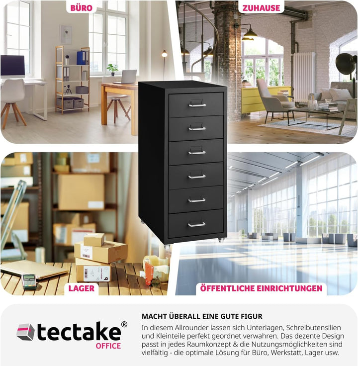 tectake® Metall Rollcontainer, Büromöbel für Schreibtisch, Büro Organizer mit 6 Schubladen, Schublad