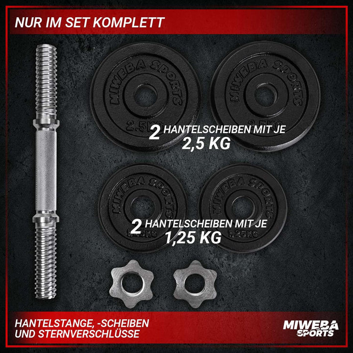Miweba Sports Hantelset MKH110 | 10 kg | 20kg - 𝐏𝐫𝐨𝐟𝐢 Einzelhantel - Hanteln 2er Set - Stange 30mm -