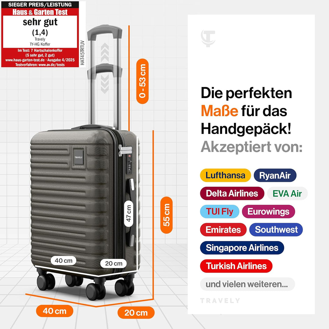 Travely Premium Handgepäck Koffer 55x40x20cm - passend für Ryanair, Lufthansa, Eurowings und co. I 3