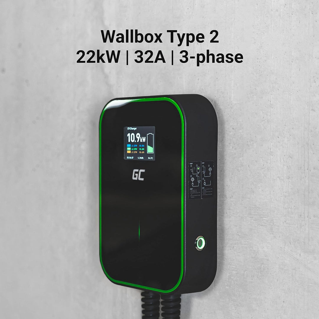 Green Cell GC PowerBox Wallbox 22kW Typ 2 Ladegerät für EV Ladekabel 6m LCD Display Kompatibel mit M