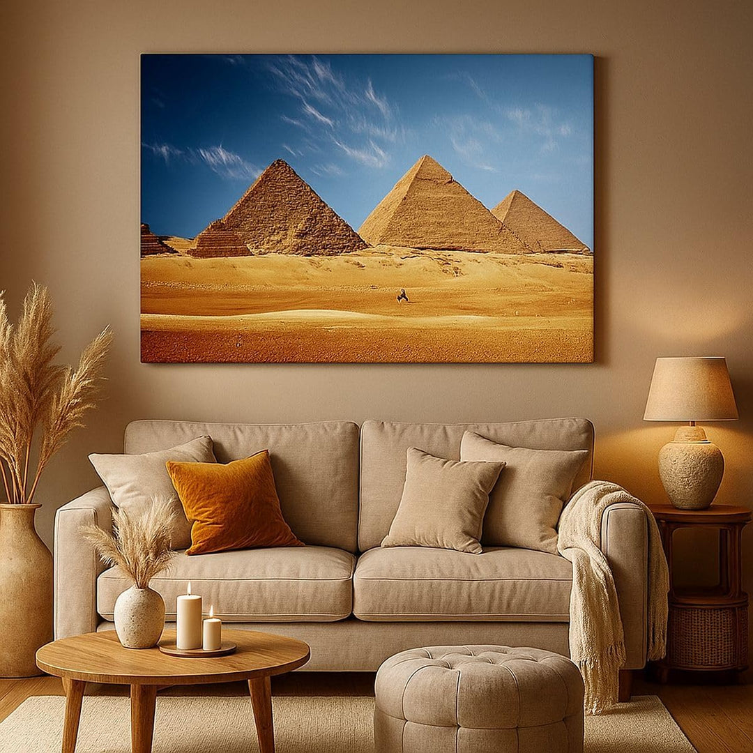 Bilder auf Leinwand 100x70cm Leinwandbild mit Rahmen Pyramide Wüste Sand Gross Wanddeko Bild Schlafz