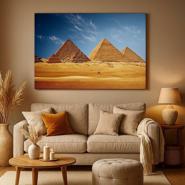 Bilder auf Leinwand 100x70cm Leinwandbild mit Rahmen Pyramide Wüste Sand Gross Wanddeko Bild Schlafz