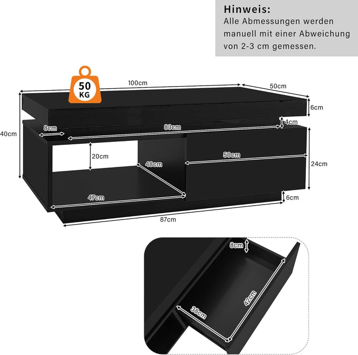 Merax Couchtisch Schwarz, Modern Wohnzimmertisch Hochglanz, mit 16-Farbiger LED Beleuchtung, Beistel