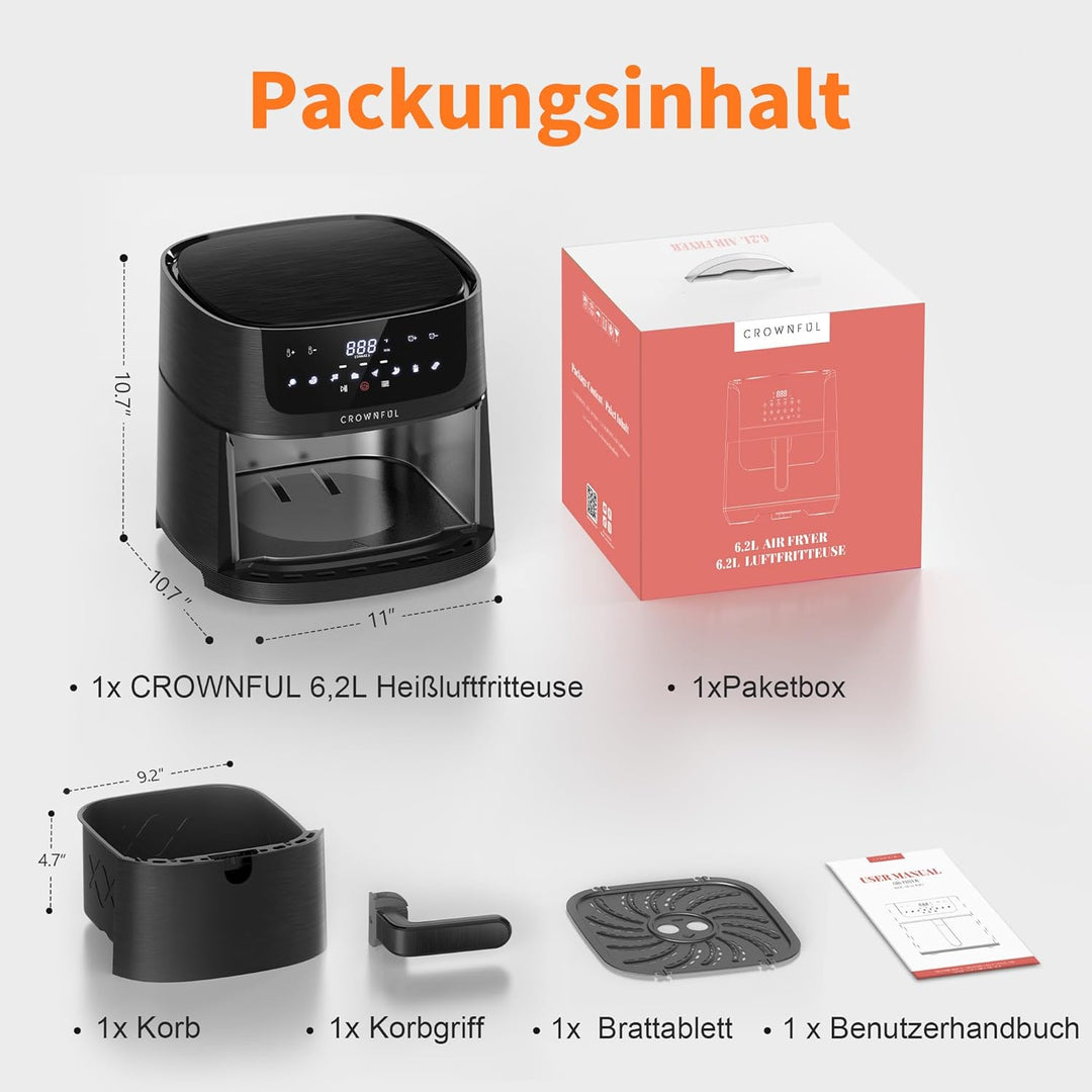 CROWNFUL Luftfritteuse 6.5L, 7QT Heissluftfriteuse elektrische 12 in 1 Öllose Herd , Heissluft Fritt