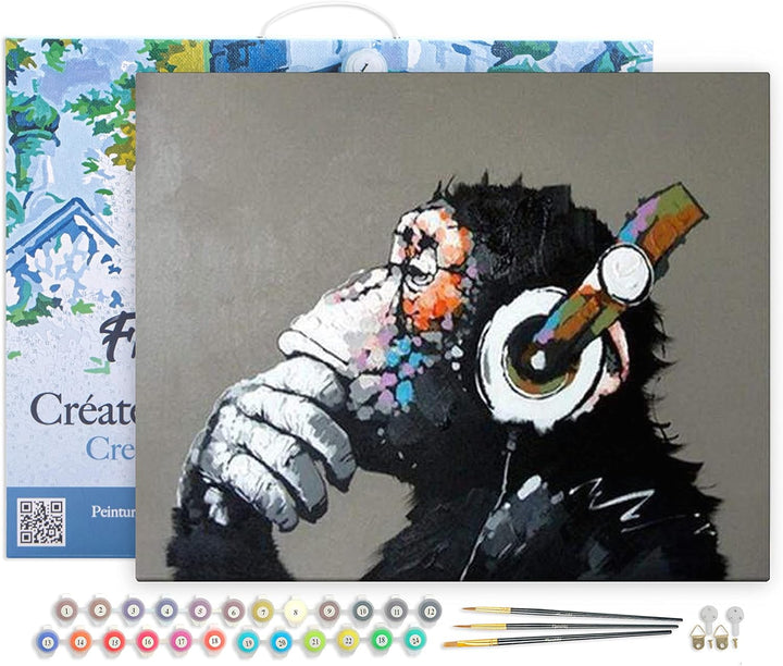 Figured'Art Malen Nach Zahlen Erwachsene Mit Rahmen Affe mit Kopfhörer - Paint by Numbers Basteln DI