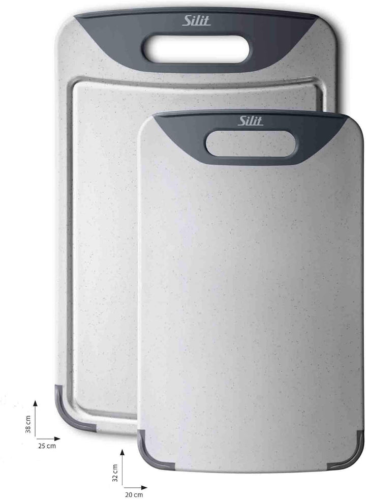 Silit Schneidebrett Kunststoff Set 2-teilig, Küchenbrett mit Saftrille, Aufhänge-/ Tragegriff, 2 Grö