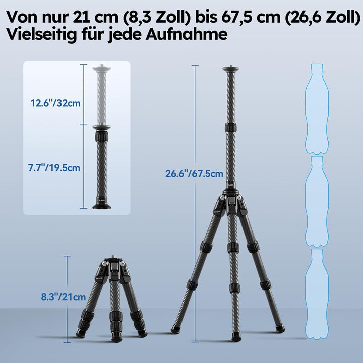 SIRUI AM-223S Mini Carbon Fiber Stativ mit SL-100S ausziehbarer Mittelsäule, max. Höhe 66 cm, Tragkr