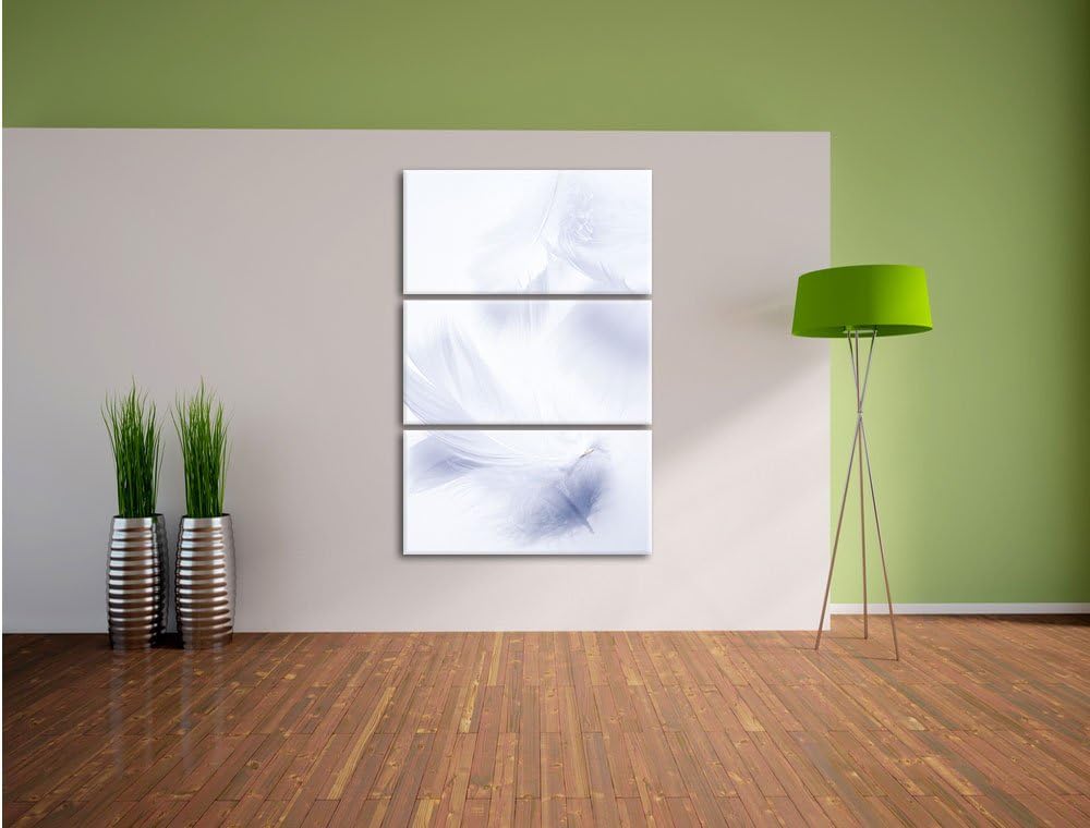 Pixxprint Weisse Feder auf schwarzem Stein als Leinwandbild | Grösse: 3 Teilig (120x80) | Wandbild|