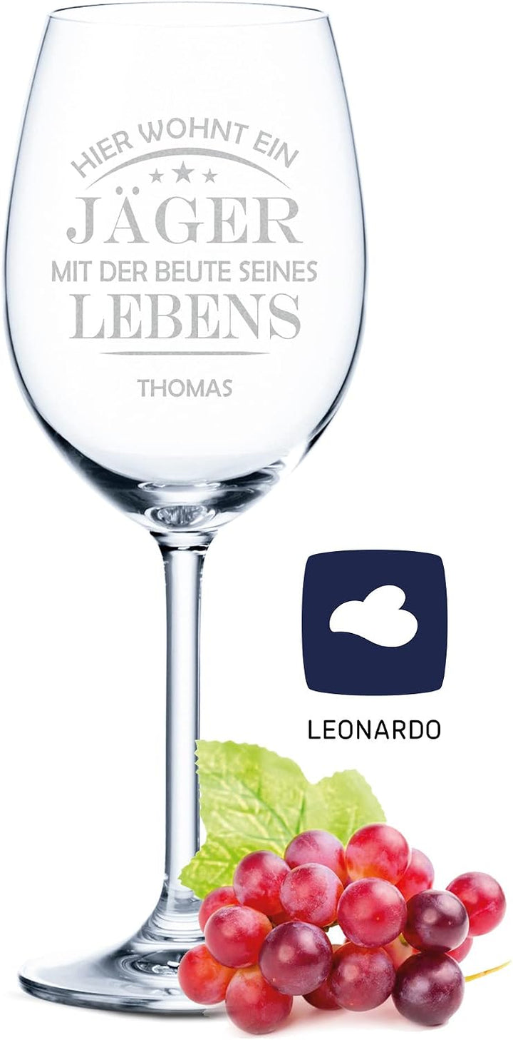 GRAVURZEILE Leonardo Weinglas - Hier wohnt ein Jäger mit der Beute seines Lebens Design - Personalis