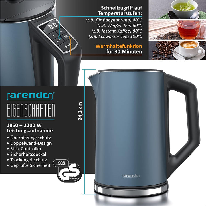 Arendo - Wasserkocher und Toaster SET Edelstahl Blau, Wasserkocher 1,5L, 40° - 100°C Warmhaltefunkti