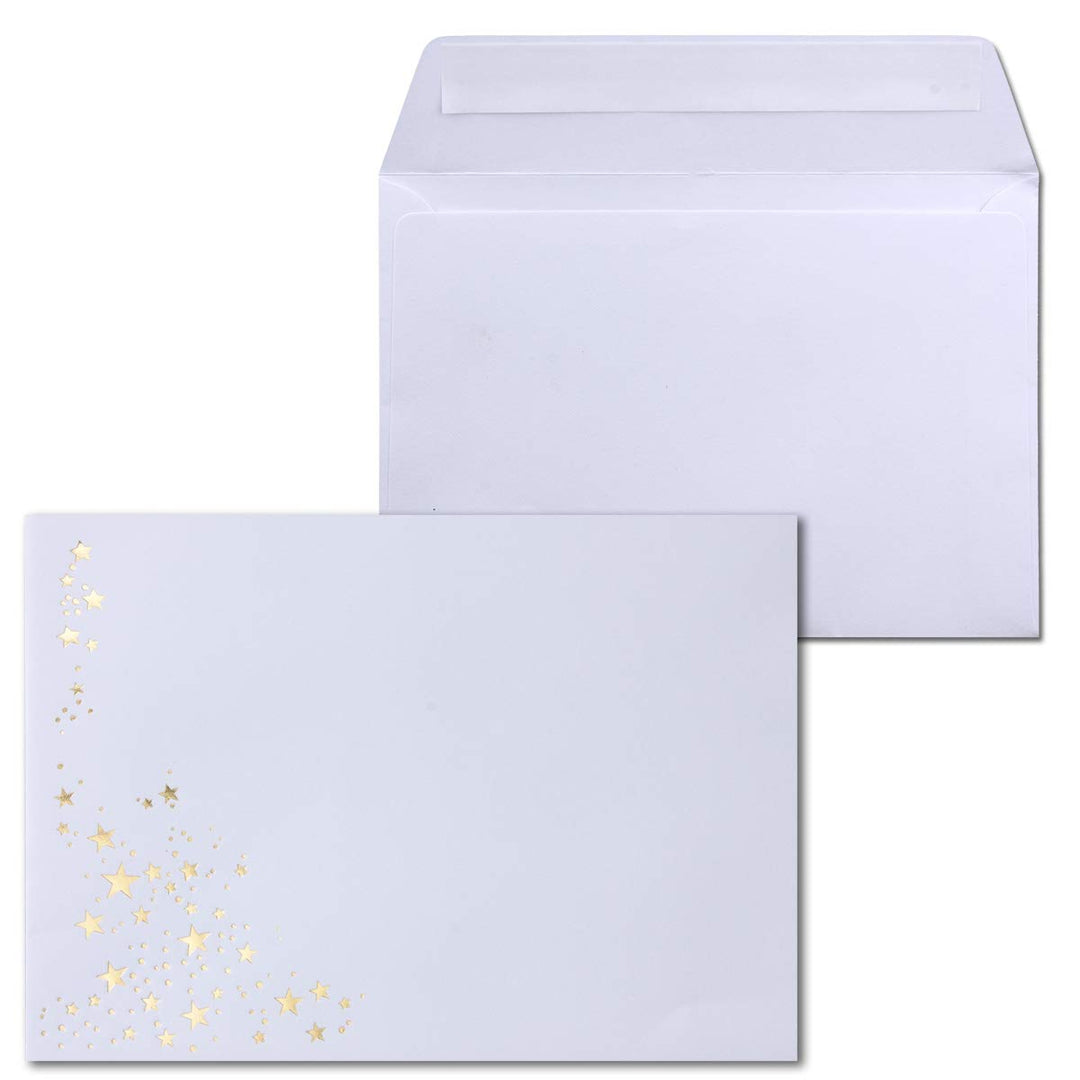50x Weihnachts-Briefumschläge - DIN B6 - mit Gold-Metallic geprägtem Sternenregen - Farbe: Weiss - H