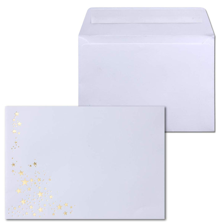 50x Weihnachts-Briefumschläge - DIN B6 - mit Gold-Metallic geprägtem Sternenregen - Farbe: Weiss - H