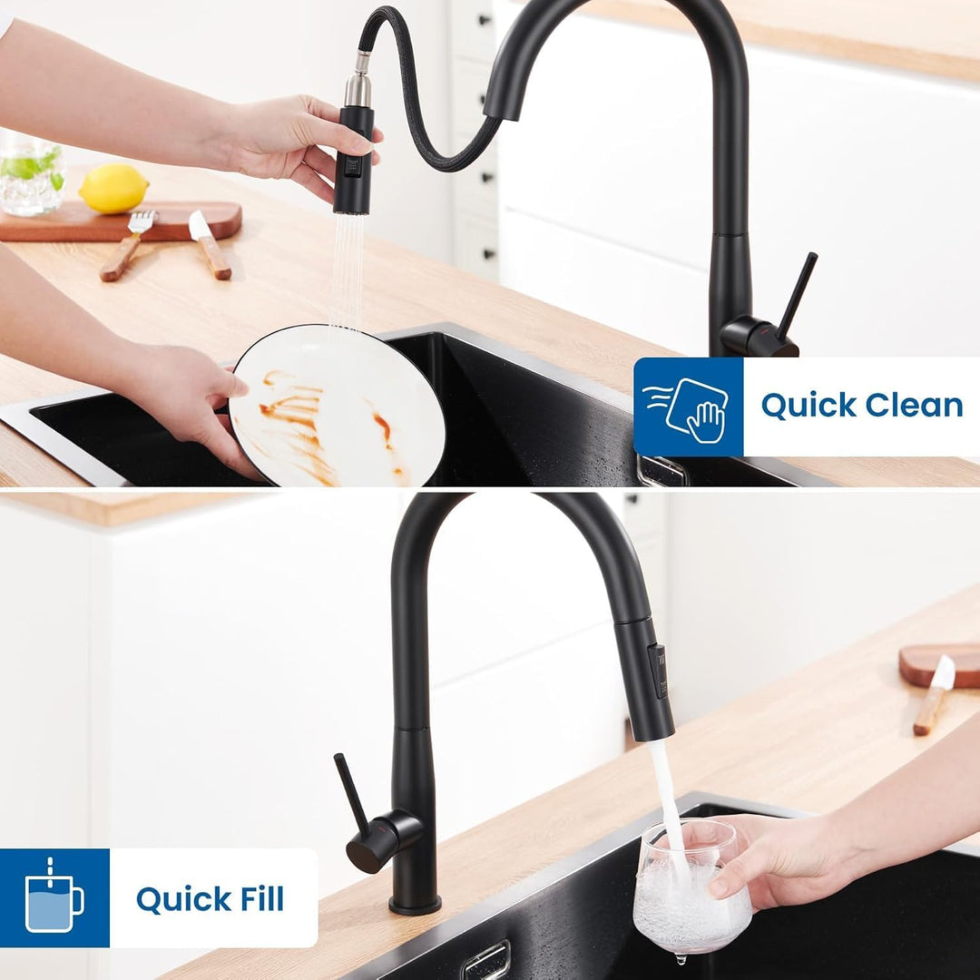 Auralum Wasserhahn Küche Schwarz, Hochdruck Küchenarmatur mit Brause Ausziehbar, Schwarz Armatur Küc
