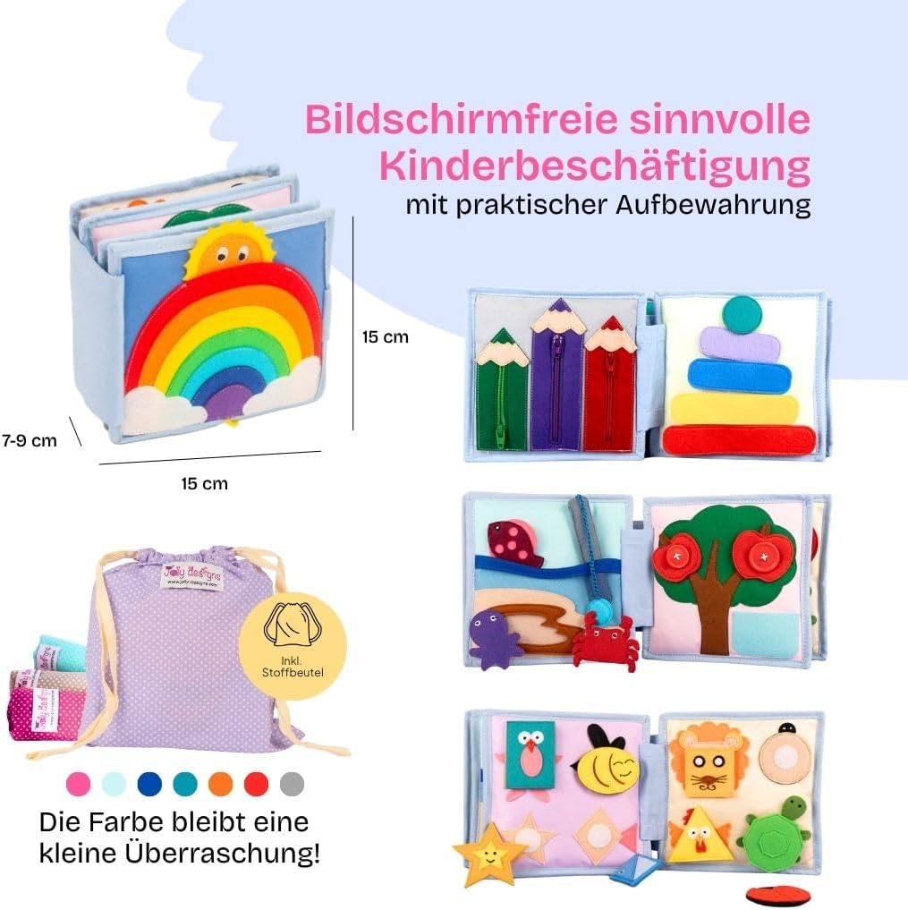 Jolly Designs 6-seitiges Mini Quiet Book Sonnenschein - Montessori Lernspielzeug aus hochwertigem St