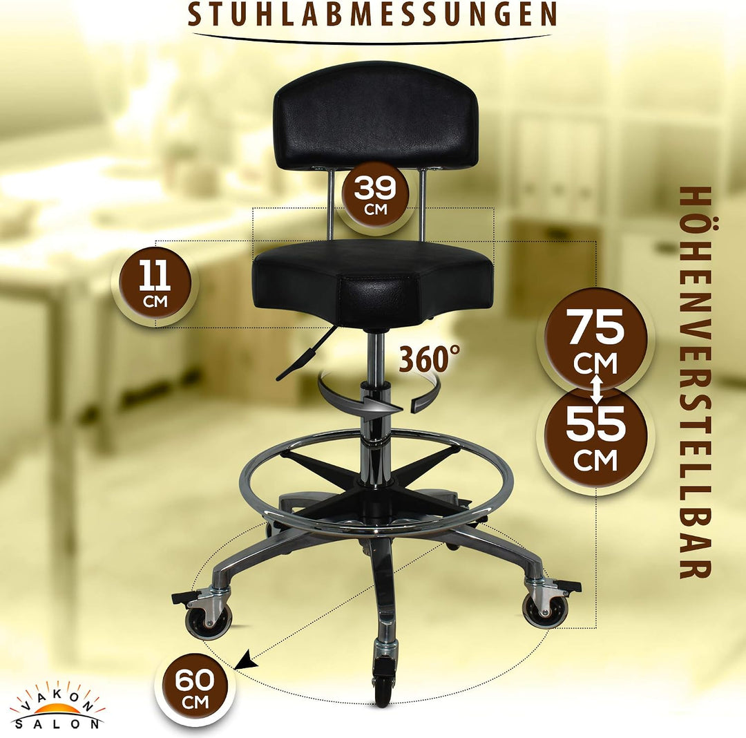 Ergonomischer Rollhocker mit Lehne und Fussring - Premium Rollen mit Bremse - Höhenverstellbarer von