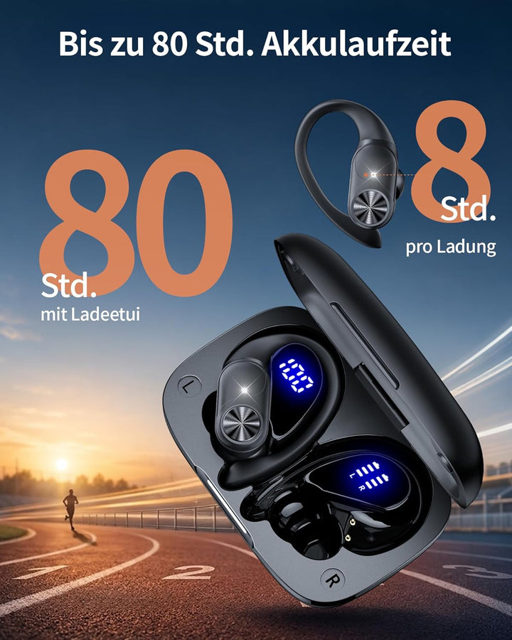 Kabellose Bluetooth Kopfhörer Sport 5.3, 80h Laufzeit, Doppel LED Akkuanzeige, IPX7 Wasserdicht, 13m