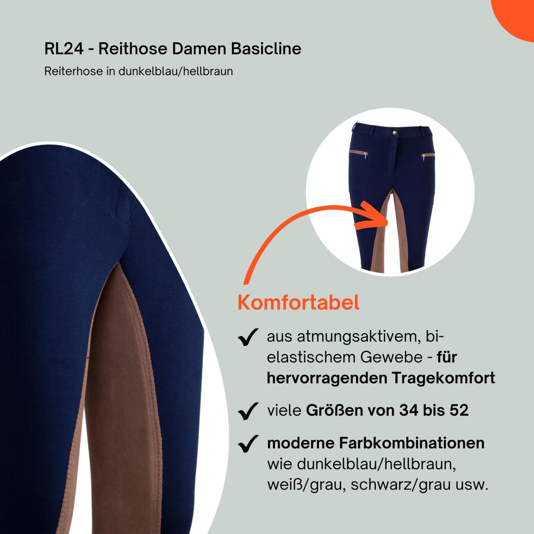 RL24 Damen Reithose Vollbesatz Flex BASICLINE 40 Dunkelblau/Hellbraun, 40 Dunkelblau/Hellbraun