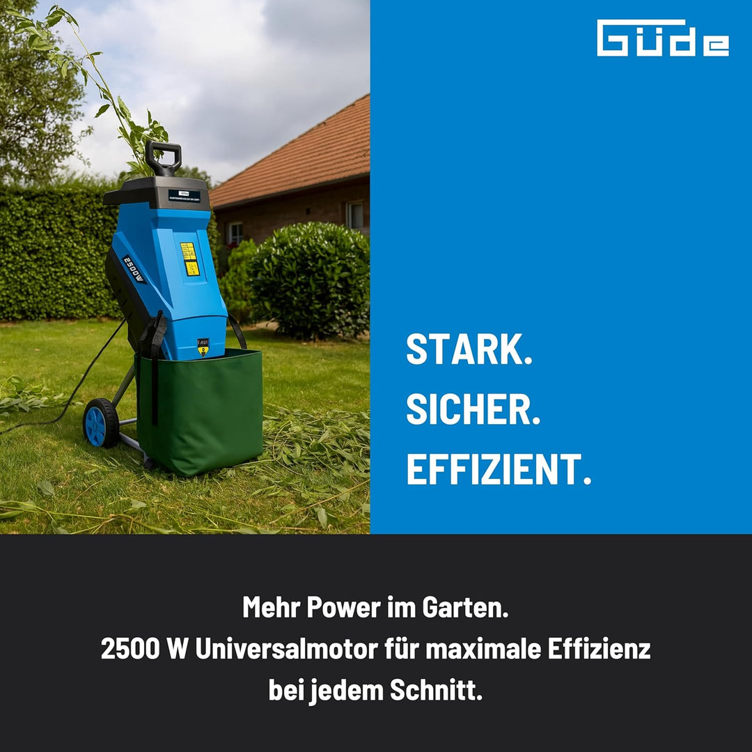 Güde Gartenhäcksler GH 2501 (2500 W, Messertechnik, wartungsarm, Selbsteinzug, Transporträder, Überl