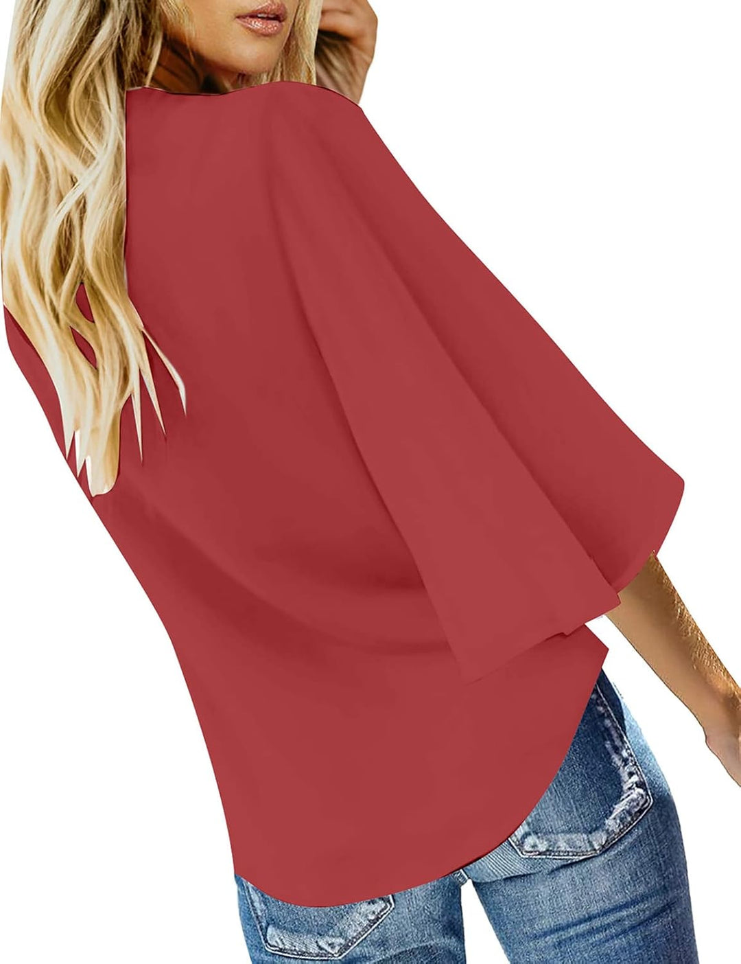 Roskiky Damen Bluse Chiffon Elegant V-Ausschnitt Bell Sleeve Fledermausärmel Oberteile Hemd Loose To