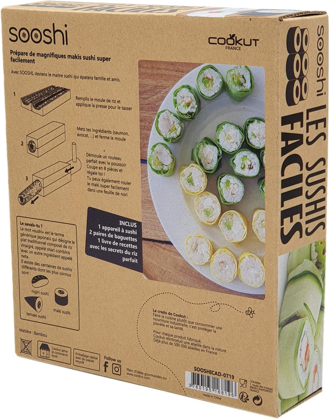 COOKUT - Set SOOSHI - Supereinfaches Sushi Maki Set mit Bambusgerät, Stäbchen und Rezeptbuch