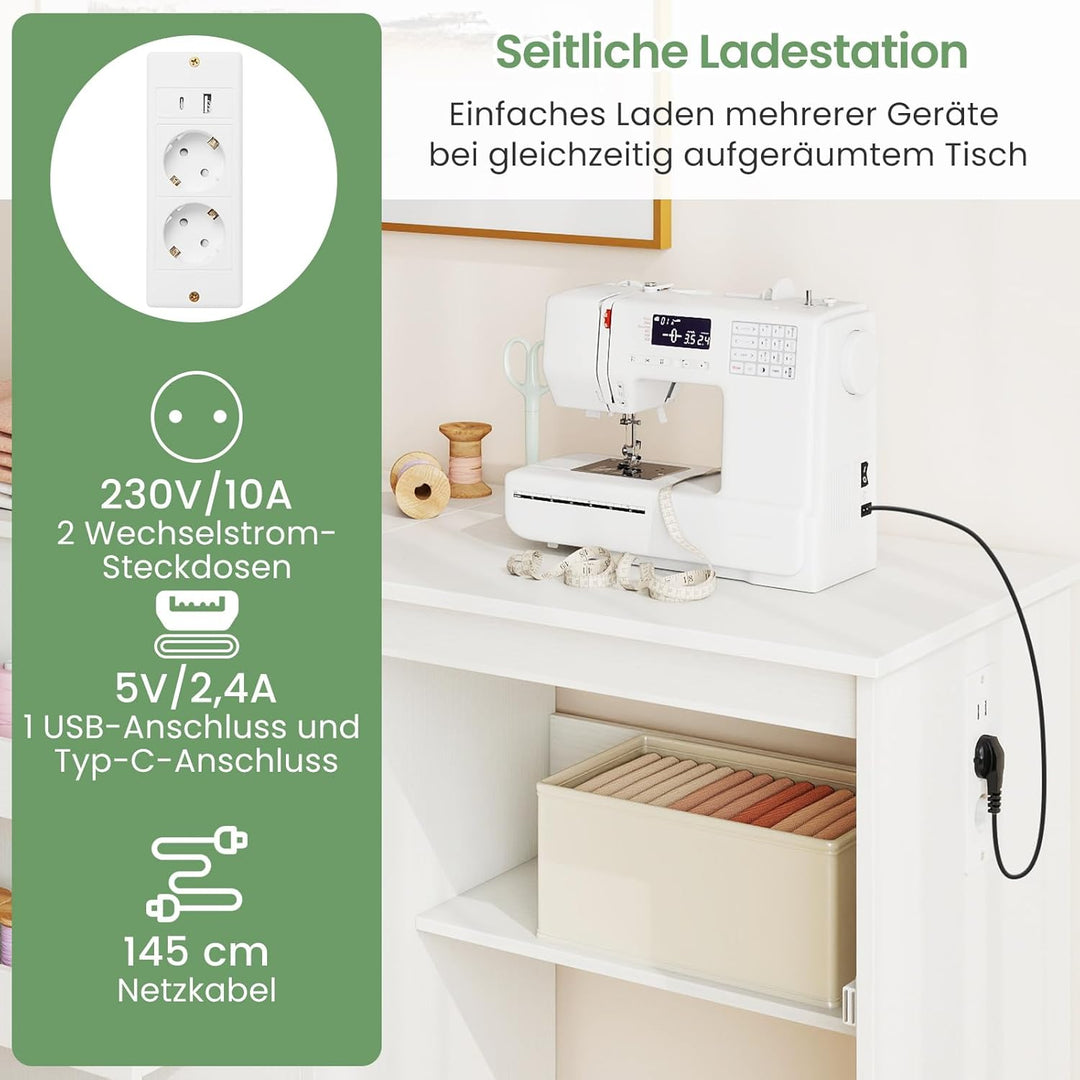 GIANTEX Nähtisch mit Ladestation, Nähmaschinentisch klappbar, Nähschrank mit Rollen, Nähmaschinensch