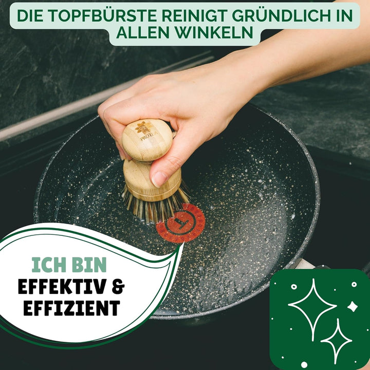 PROTEA Topfbürste mit Ersatzköpfen (3er Set) - nachhaltige Spülbürste für Töpfe - Reinigungsbürste f