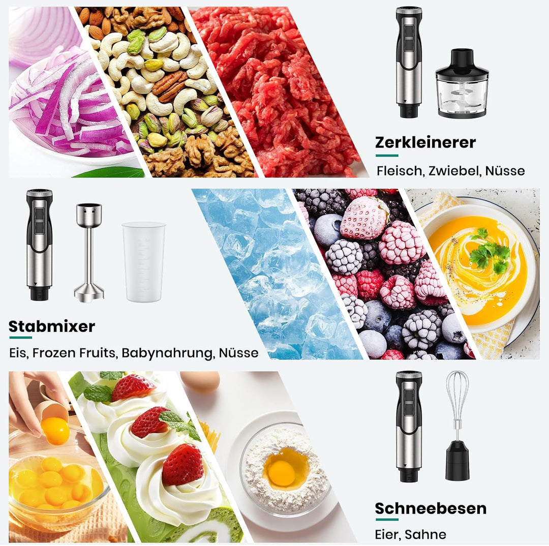 1800 W 4-in-1-Stabmixer für Suppen Babynahrung Smoothies Küche | inklusive Schneebesen Zerkleinerer