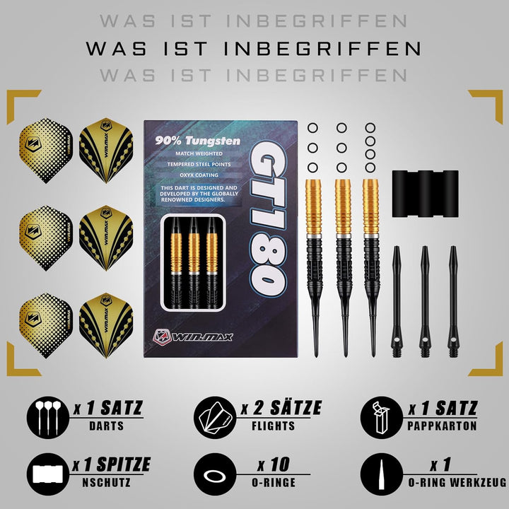 WIN.MAX Dartpfeile 90% Tungsten 3 Stück 90% Wolfram 18 Gramm Dart professionelle Gold, Gold