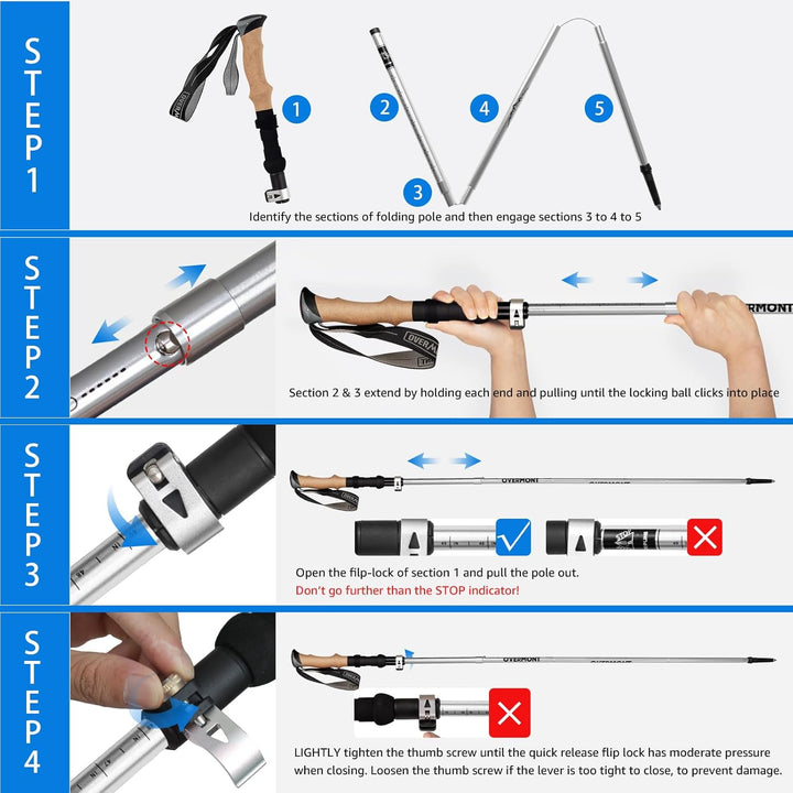 Overmont Wanderstöcke Faltbar Aluminium Ultraleicht - Verstellbar 105-125 cm Trekkingstöcke - Nordic
