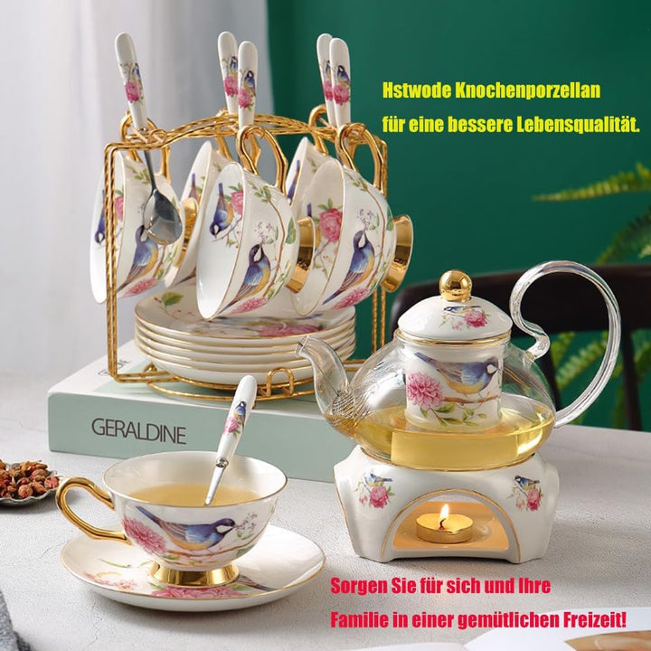 15 Stück Europäischen Blumen Tee Set,Muster Bone China Tee Set Service Kaffee Set, Beheizte Glas Tee
