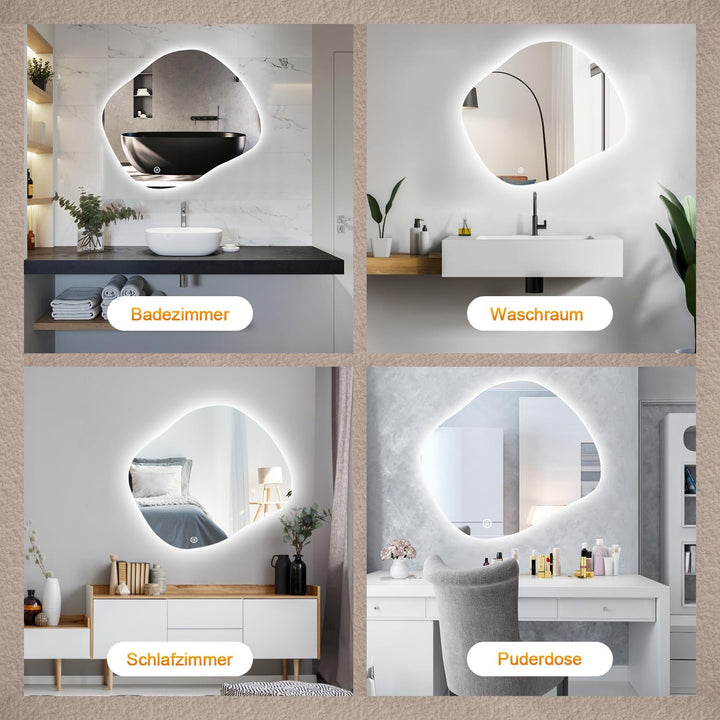 Boromal Asymmetrischer Spiegel mit Beleuchtung, Badspiegel mit Beleuchtung 74x64cm Badezimmerspiegel