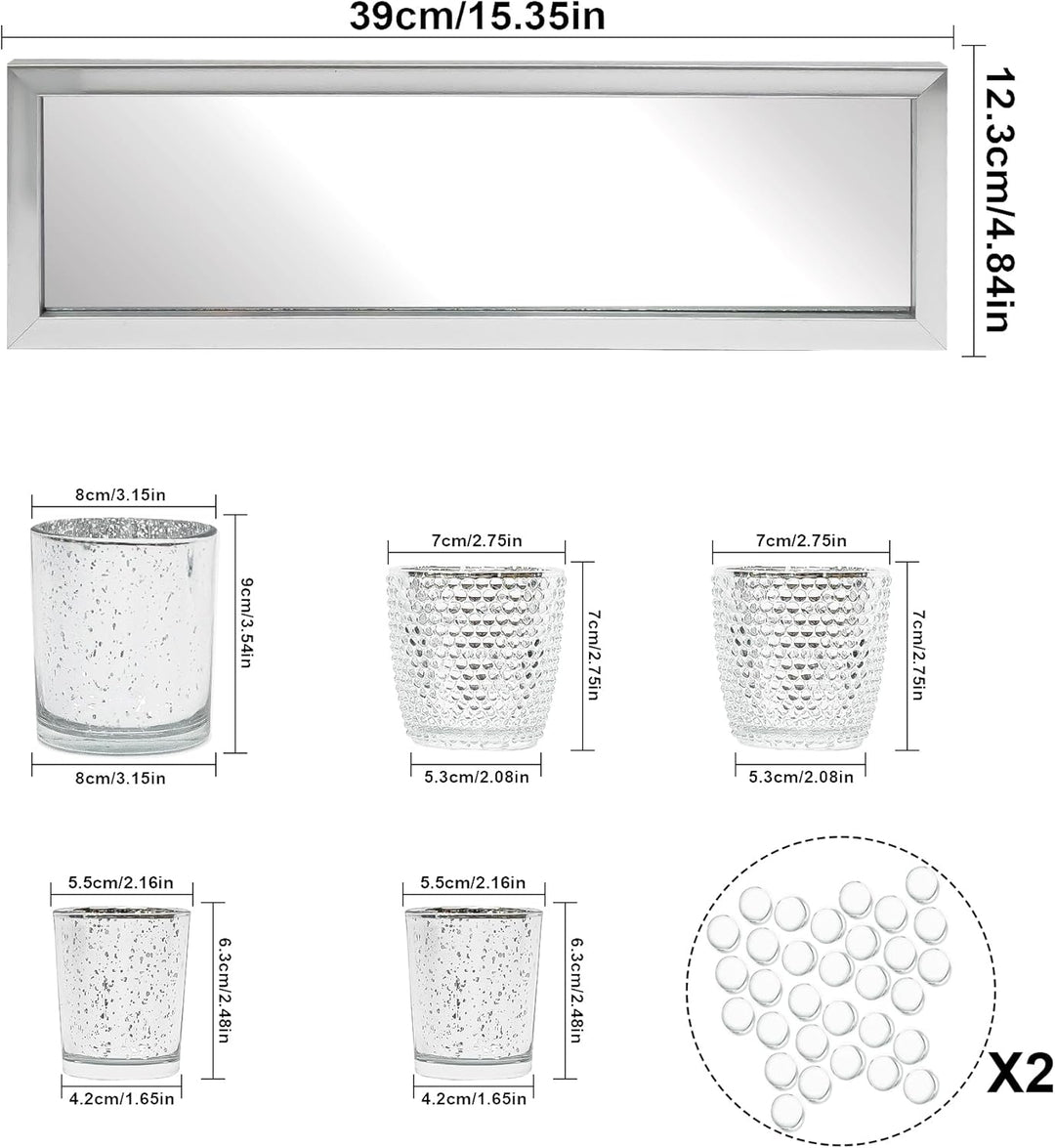 Toptime Teelichthalter Set, 5 Stück Kerzenhalter Glas mit Tablett und Glasstein, Romantische Silbern