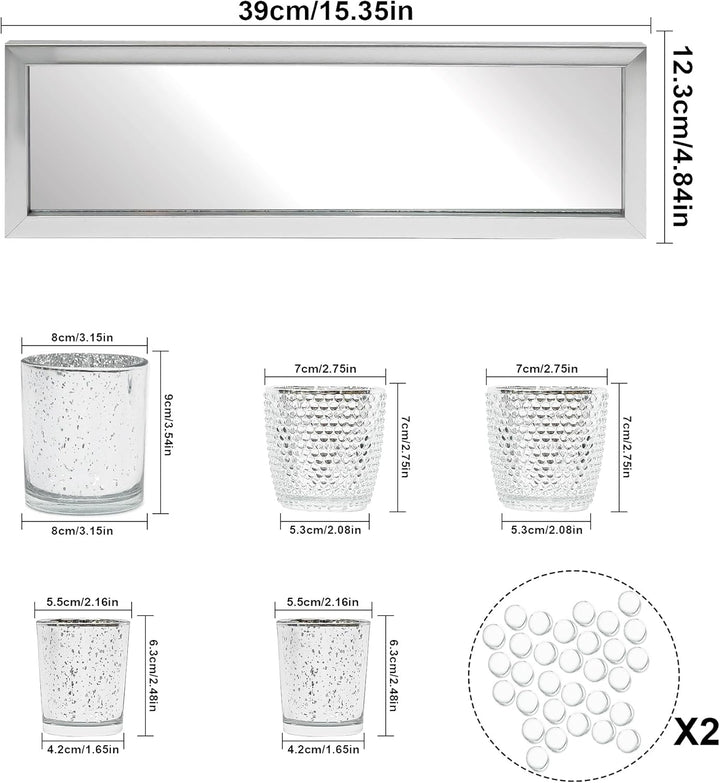Toptime Teelichthalter Set, 5 Stück Kerzenhalter Glas mit Tablett und Glasstein, Romantische Silbern