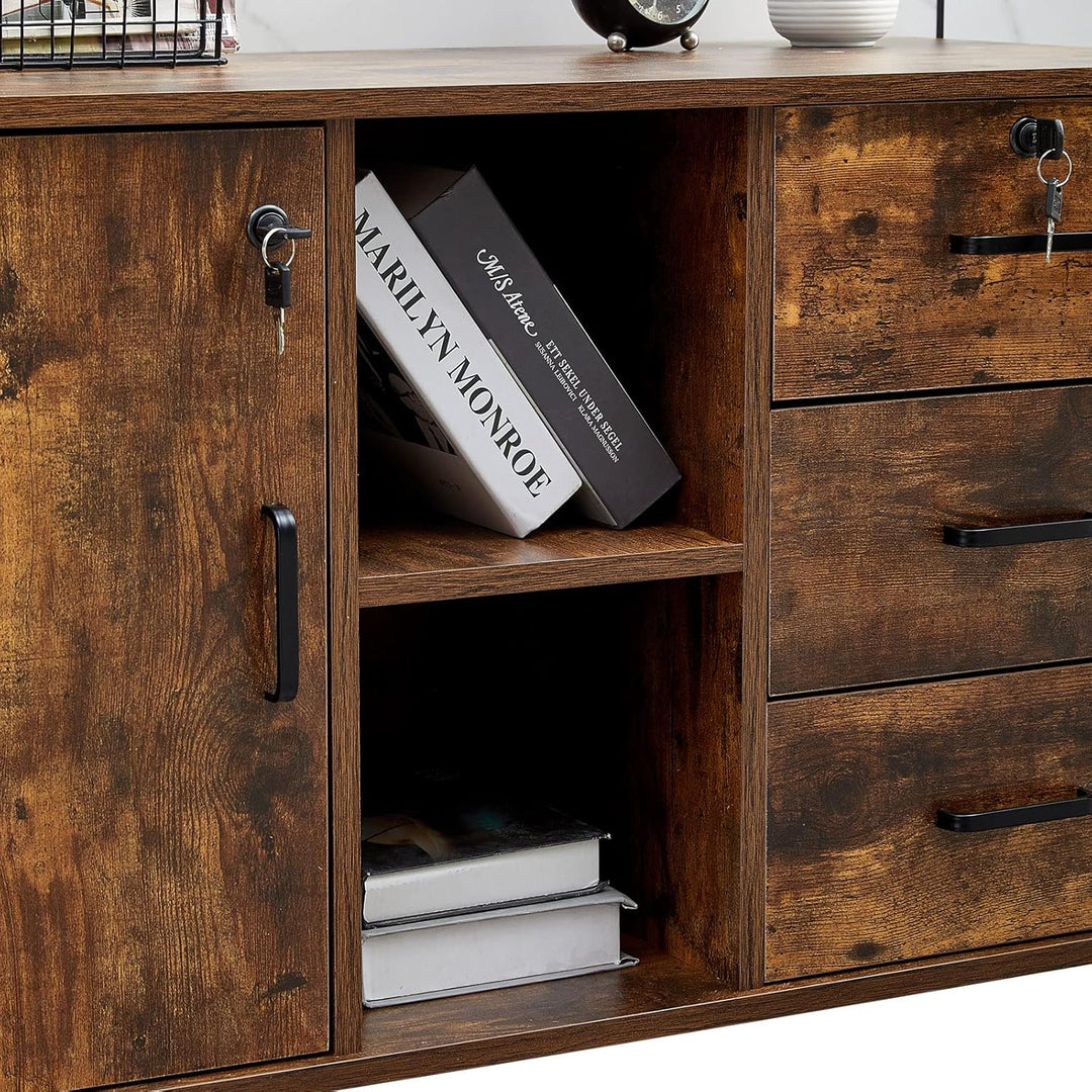 TUKAILAI Rollcontainer Abschliessbar mit 3 Schubladen, Lagerung Fach und Offene Regale, Aktenschrank